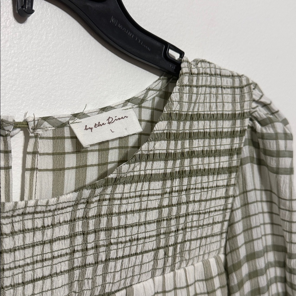 By The River, Anthropology Brand Gingham Sage Green White Dress View 5